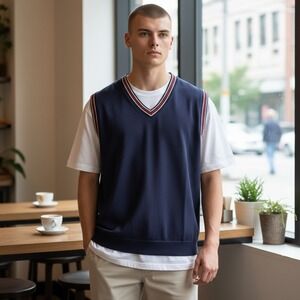 Vintage Y2K Vibes Navy‎ V Neck Striped Trim Jersey Vest Size L - NEW